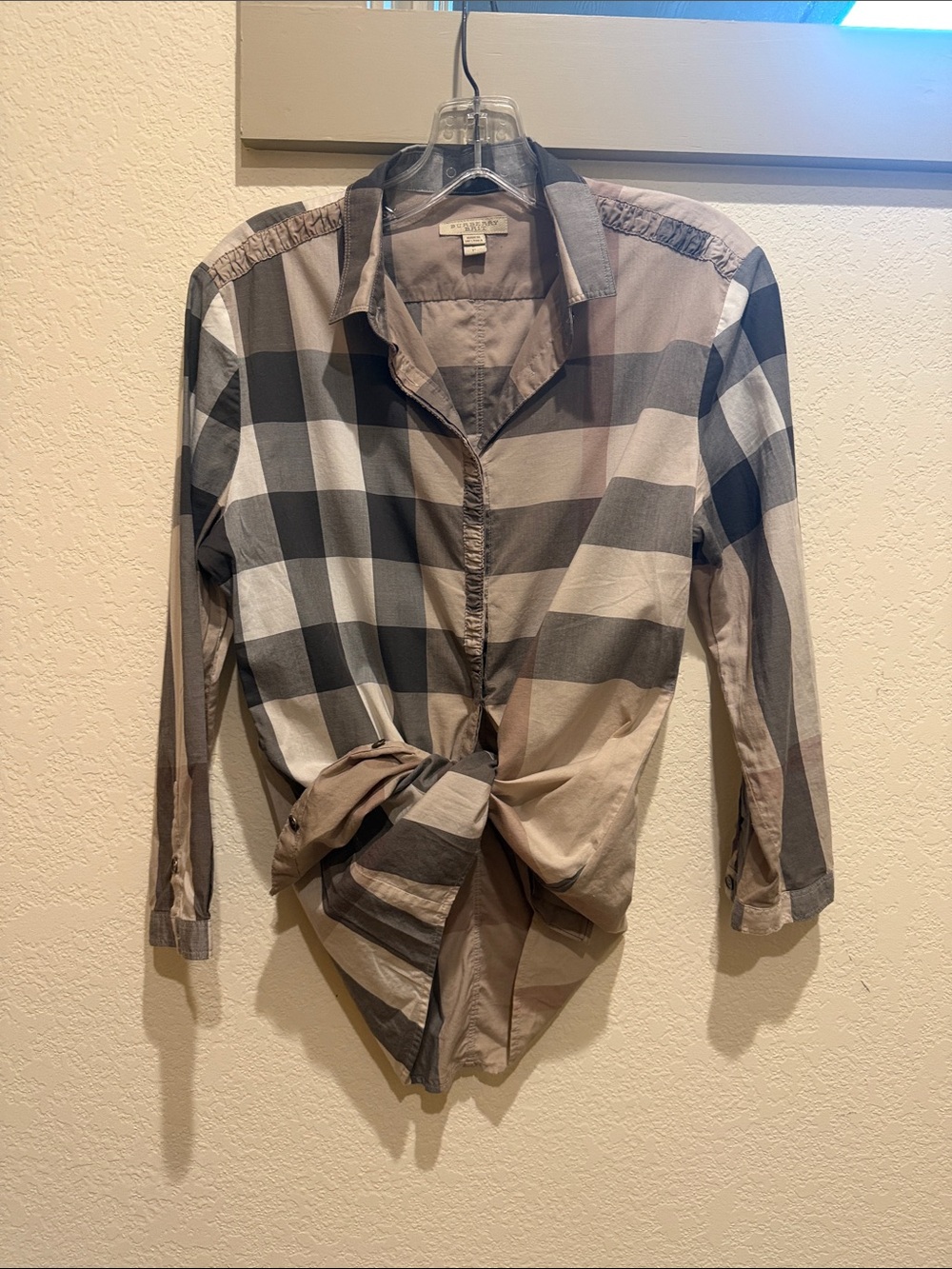 Burberry Women's Beige Gray Plaid Button-Down Shirt